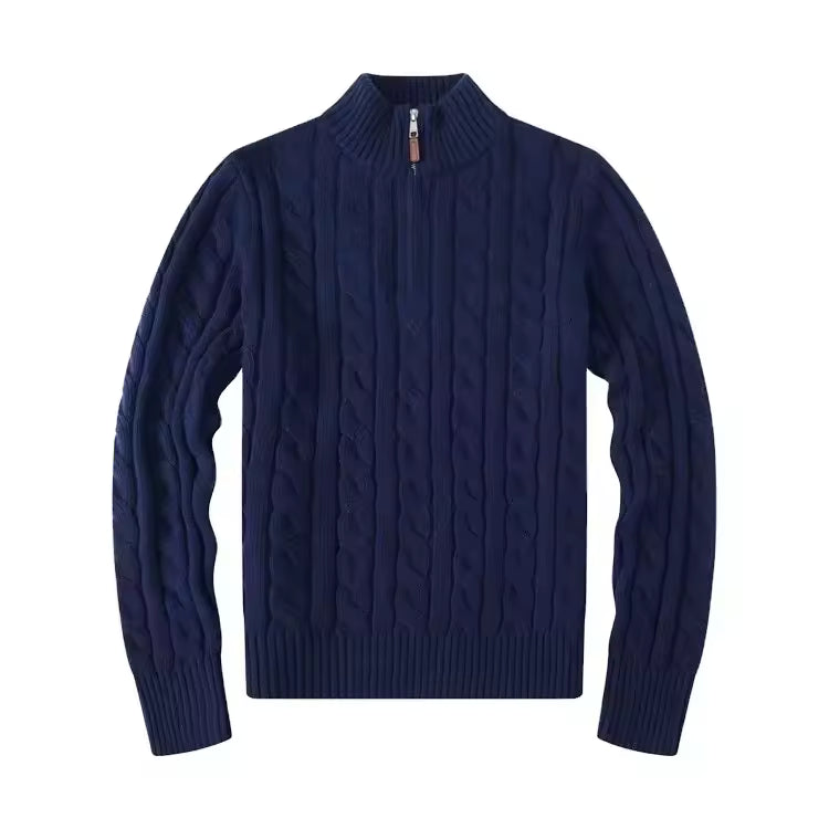 Dettaglio pullover navy collo alto mezza zip maglia uomo cotone 100% - design Heritage