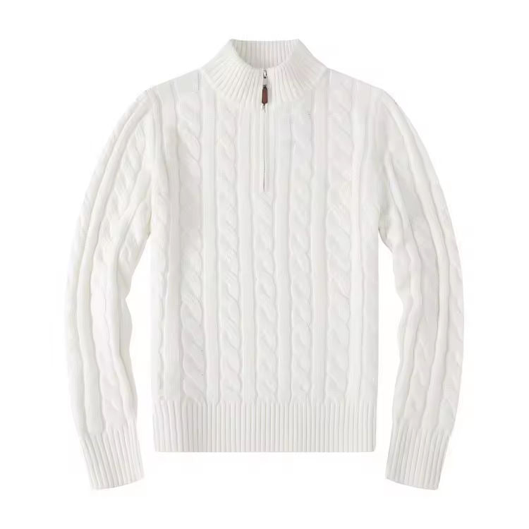 Dettaglio pullover bianco collo alto mezza zip maglia uomo cotone 100% - design Heritage