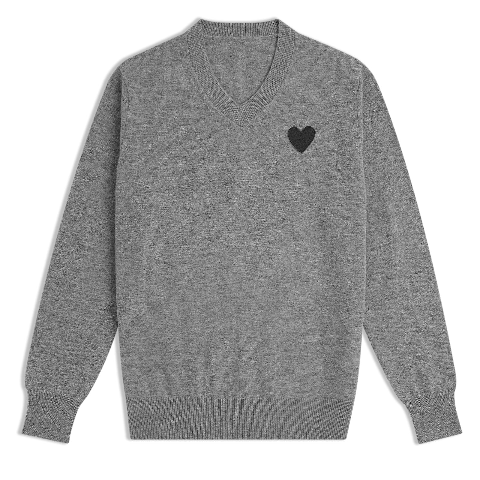 Dettaglio pullover classico uomo in lana 100% grigio con scollo a V e dettaglio cuore nero