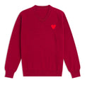 Dettaglio classico unisex in lana 100% bordeaux con scollo a V e dettaglio cuore rosso vino