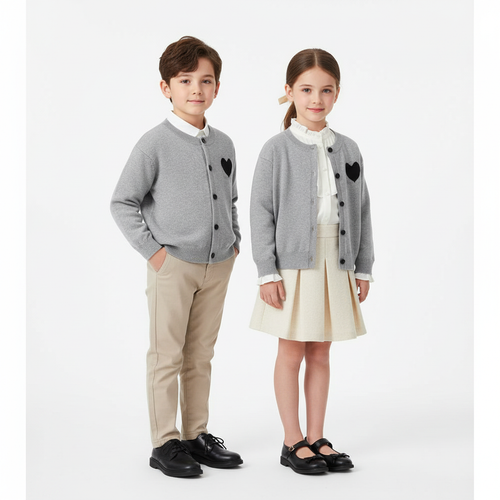 Cardigan classico bambino cotone 100% grigio con collo rotondo e dettaglio cuore nero  