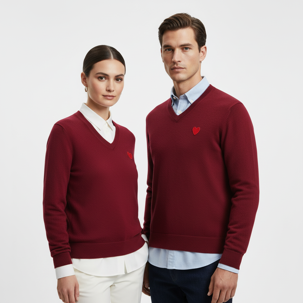Pullover classico unisex in lana 100% bordeaux con scollo a V e dettaglio cuore rosso vino