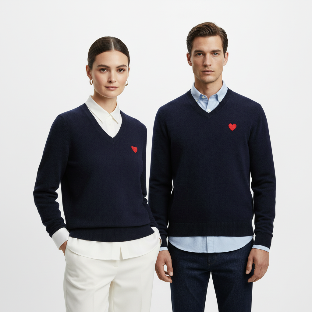 Pullover classico unisex in lana 100% blu navy con scollo a V e dettaglio cuore rosso vino