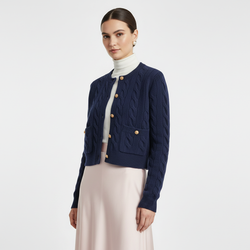 Cardigan Donna in Lana 100% a Trecce con Tasche – Heritage Navy