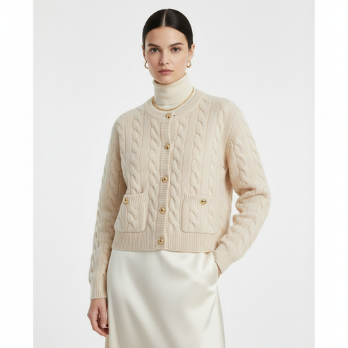 Cardigan Donna in Lana 100% a Trecce con Tasche – Heritage Avorio