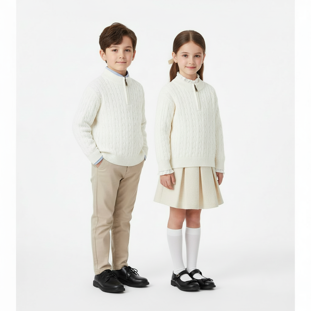 Pullover Junior con Mezza Zip in Cotone 95% – Heritage bianco
