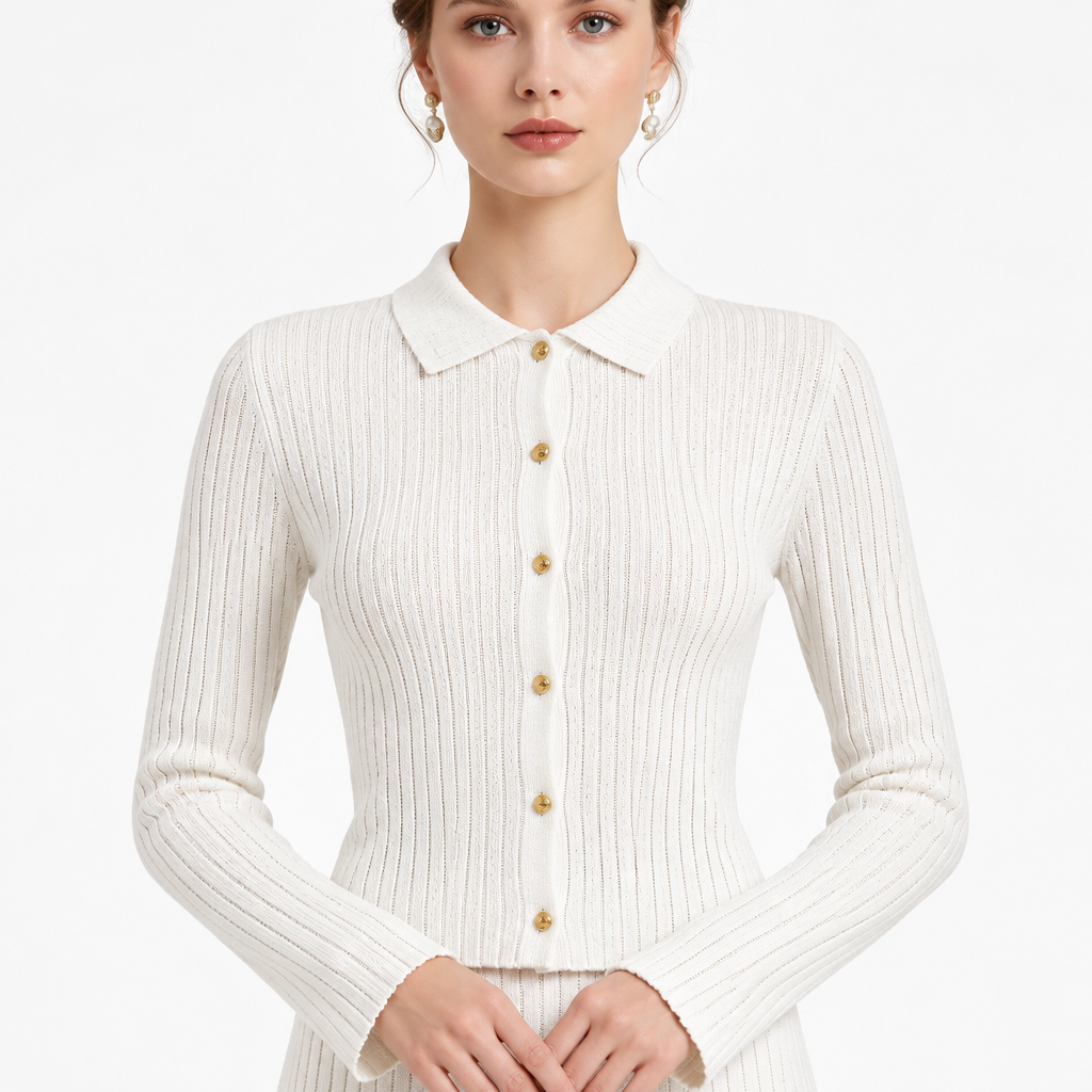 Dettaglio collo e bottoni dorati del cardigan Soft bianco