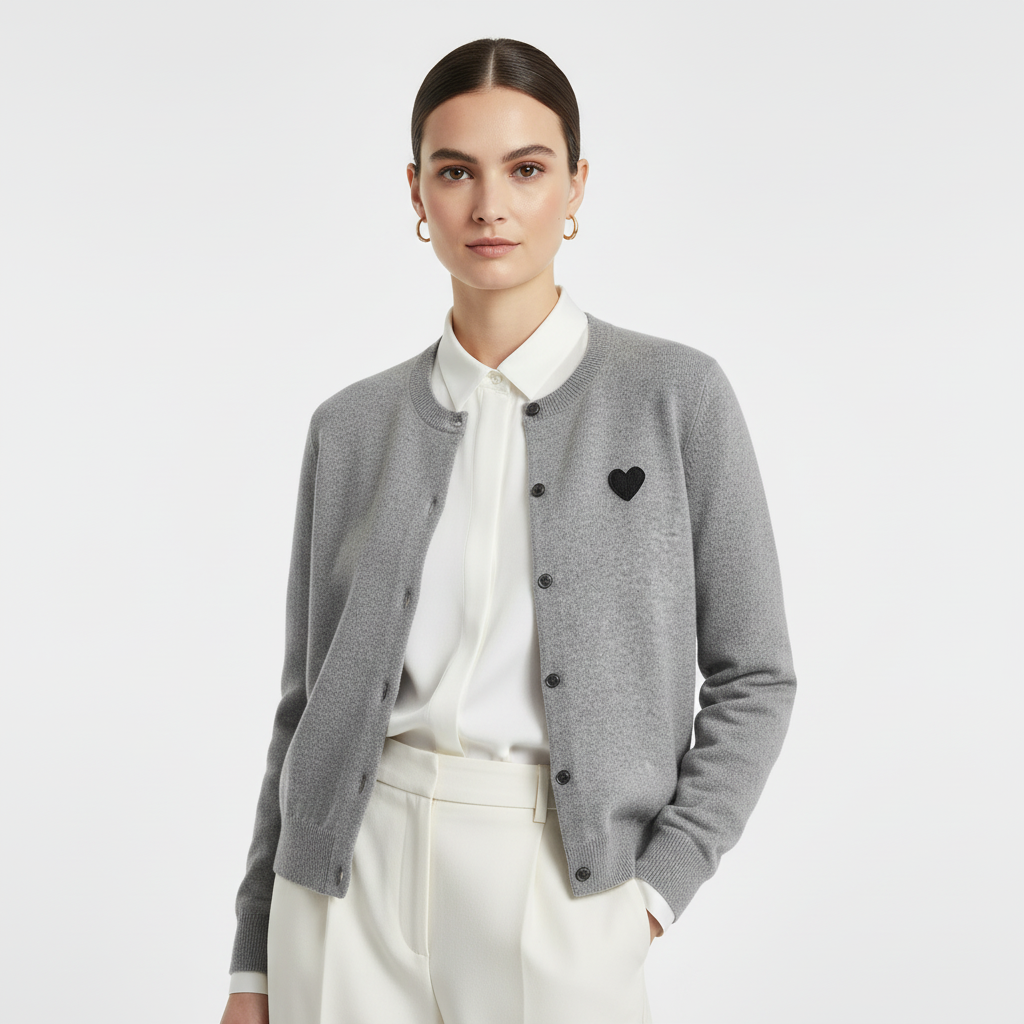 Cardigan classico lana 100% grigio con collo rotondo e dettaglio cuore nero  aperto