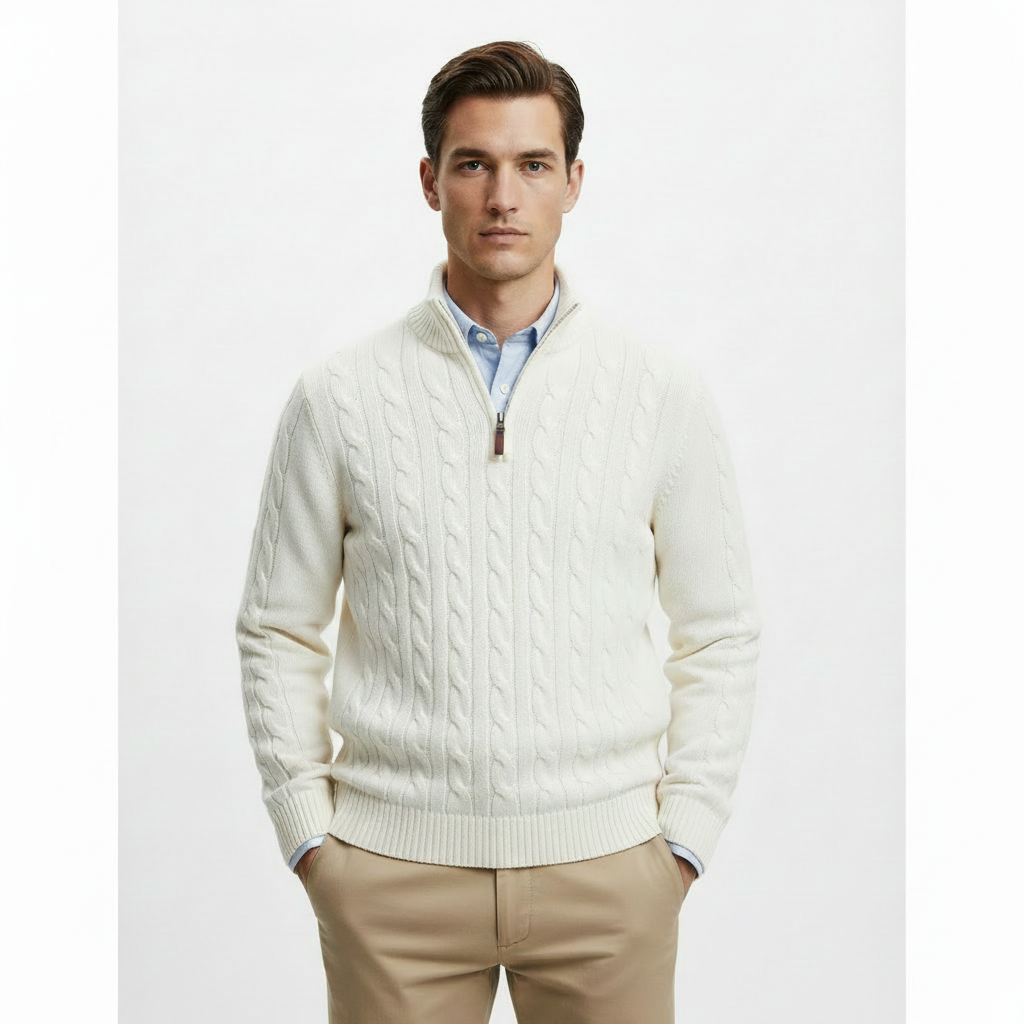 Pullover bianco collo alto mezza zip maglia uomo cotone 100% - design Heritage